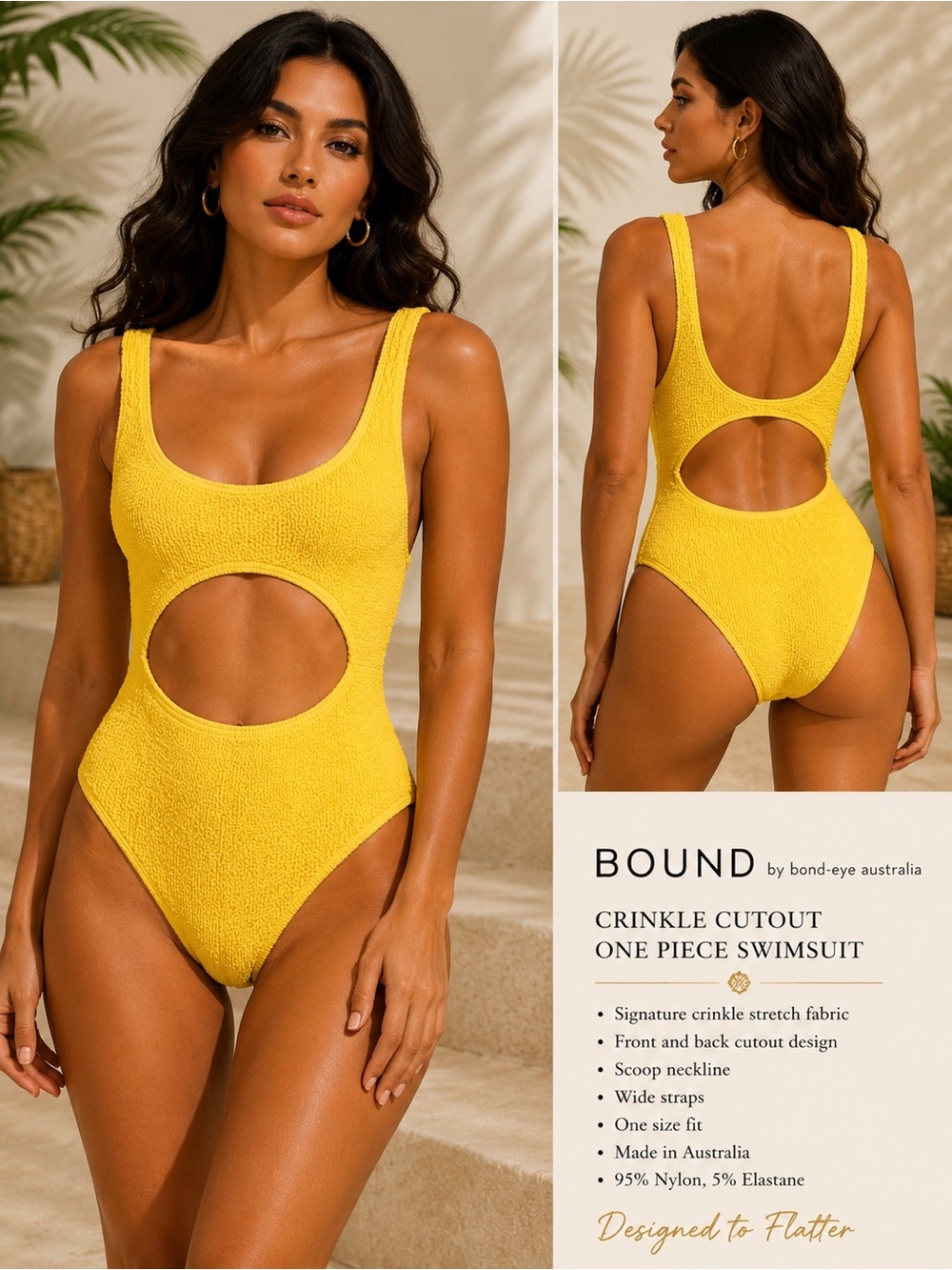 Bound by Bond-Eye Australia Yellow Crinkle Cutout One Piece Swimsuit One Size